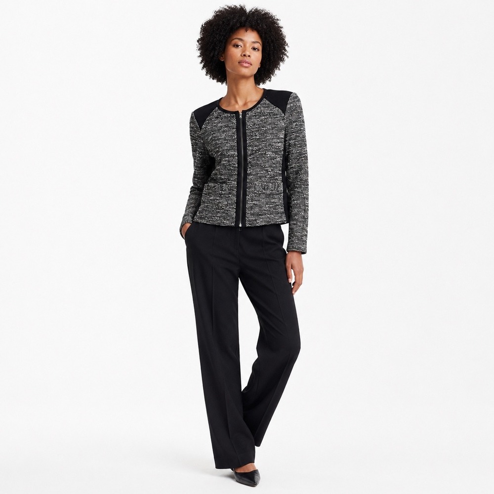 Eileen Fisher Zip Jacket Cotton Blend Black White Tweed Professional Womens PM